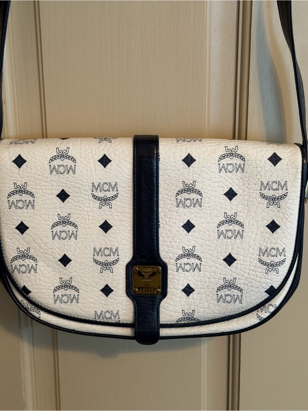 Authentic MCM White Logo Canvas Crossbody with Navy Trim and Gold Plaque - Picture 3 of 9